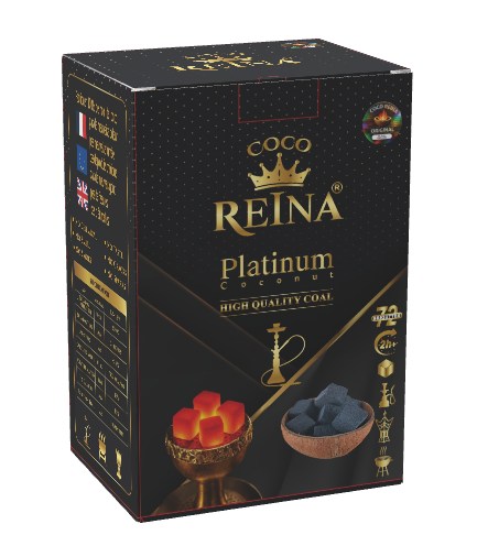 Coco Reina Platinum Coconut retail box, front three-quarter view