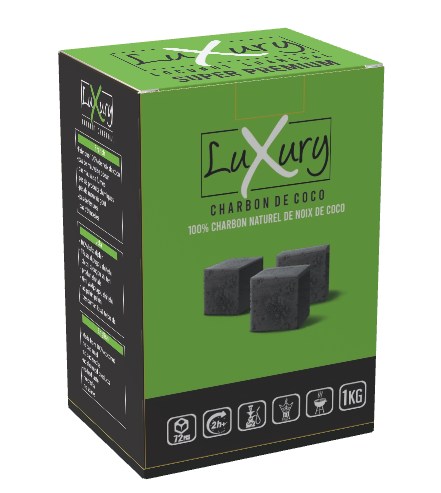 Coco Lux coconut charcoal retail box, front three-quarter view on a green and black ground